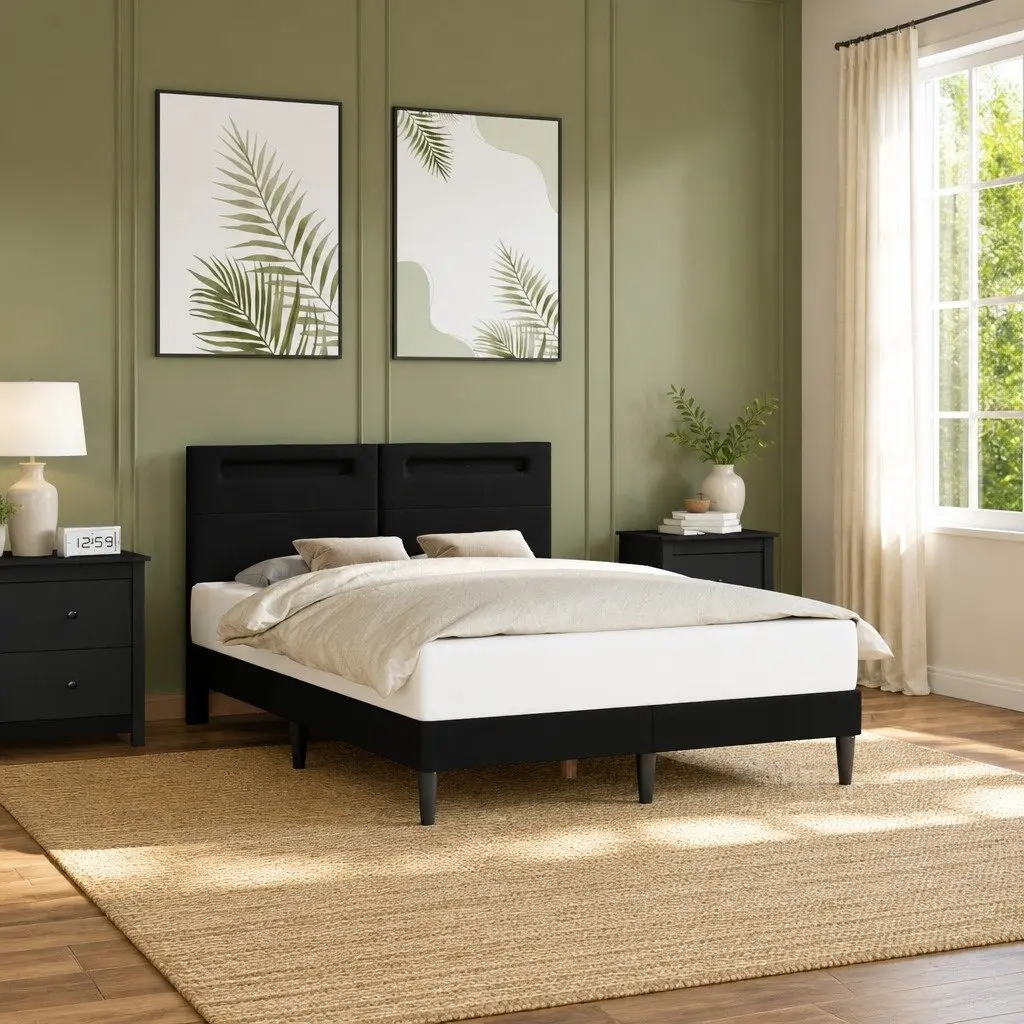 Black Bed Frame with LED Strip Lights USB Powered Modern Bedroom Faux Leather