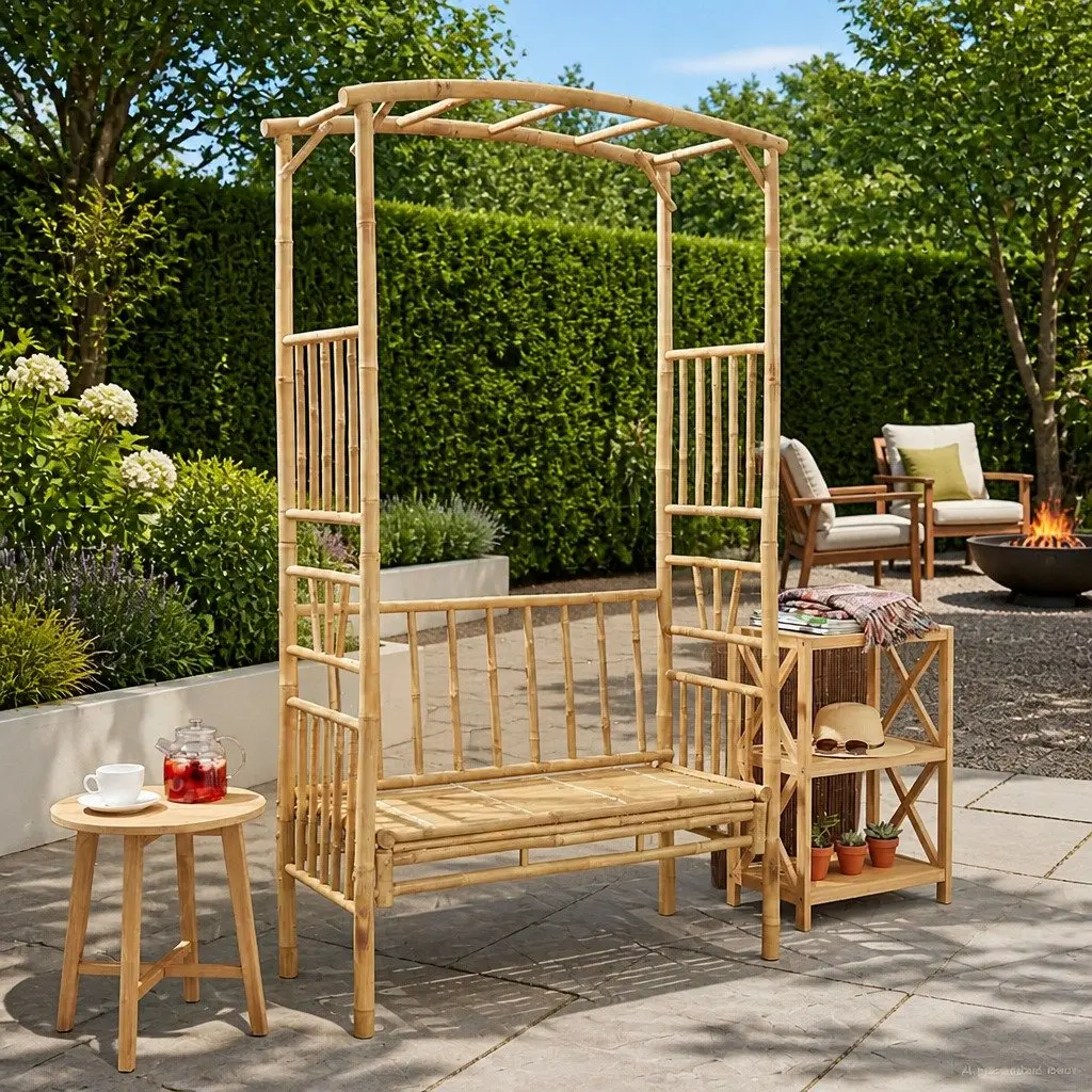 Bamboo Garden Arch with Bench for Outdoor Use