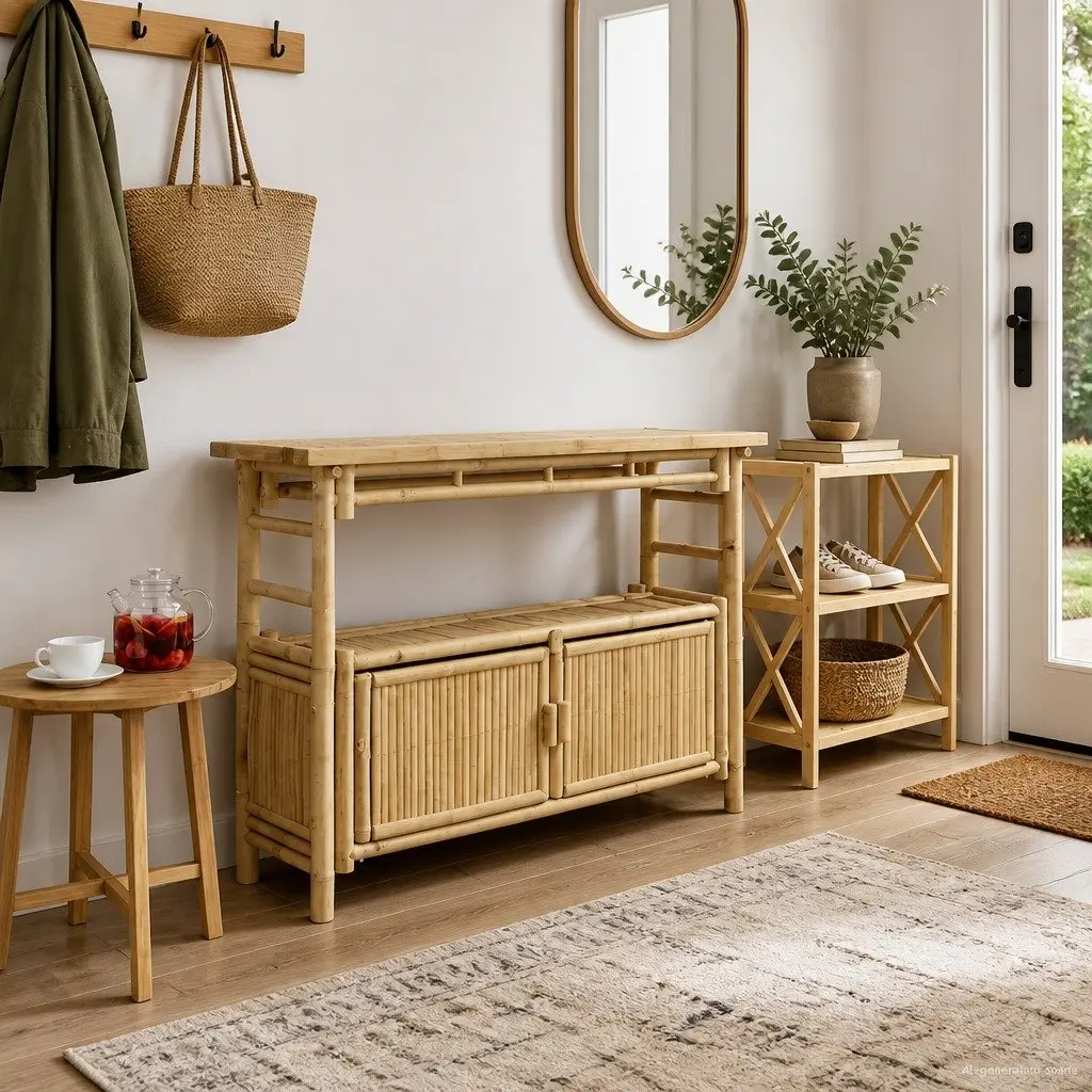 Brown Bamboo Console Table with Shelf