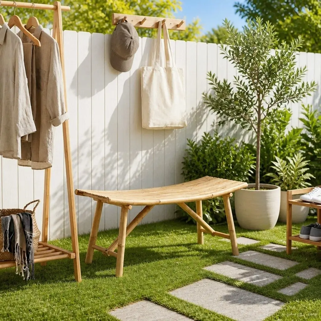 Bamboo Garden Bench Outdoor Patio Seating Curved Modern Design Natural Brown