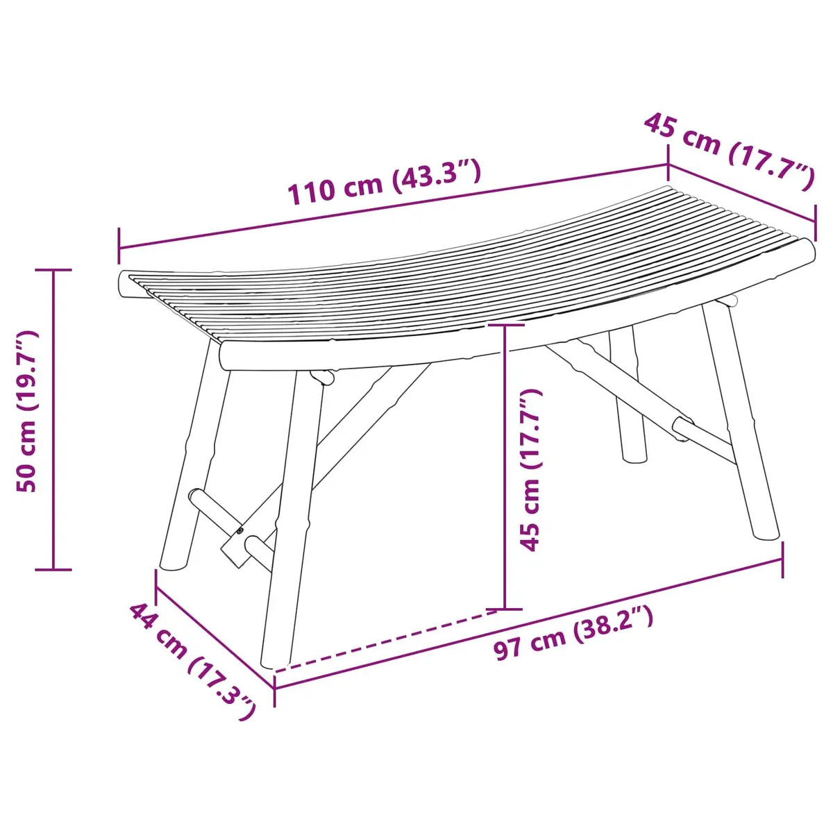 Bamboo Garden Bench Outdoor Patio Seating Curved Modern Design Natural Brown