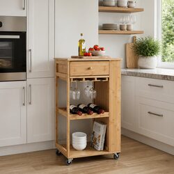 Kitchen Trolley with Wheels 3-Tier Storage Bamboo Dining Room Serving Cart