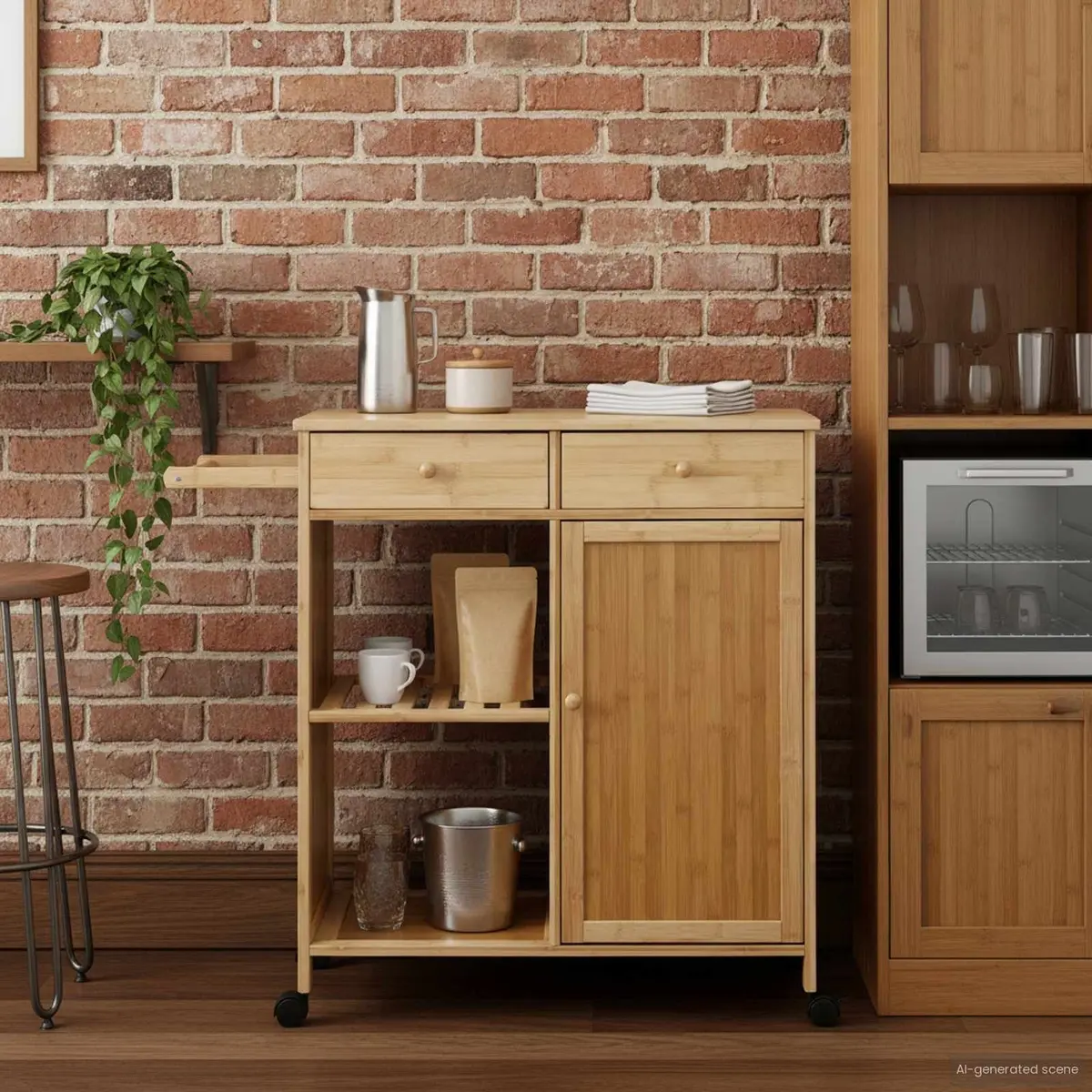 Kitchen Trolley with Wheels Bamboo Natural Storage Organiser Dining Mobile Cart