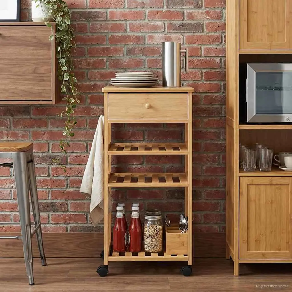 3-Tier Bamboo Kitchen Trolley with Wheels for Storage