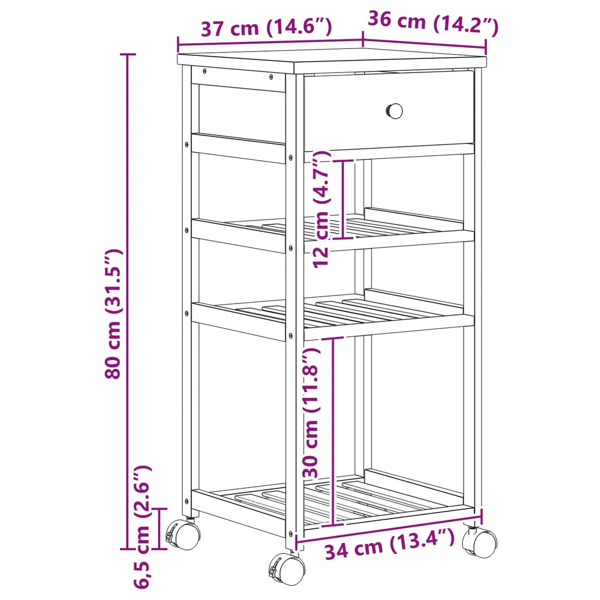 3-Tier Bamboo Kitchen Trolley with Wheels for Storage