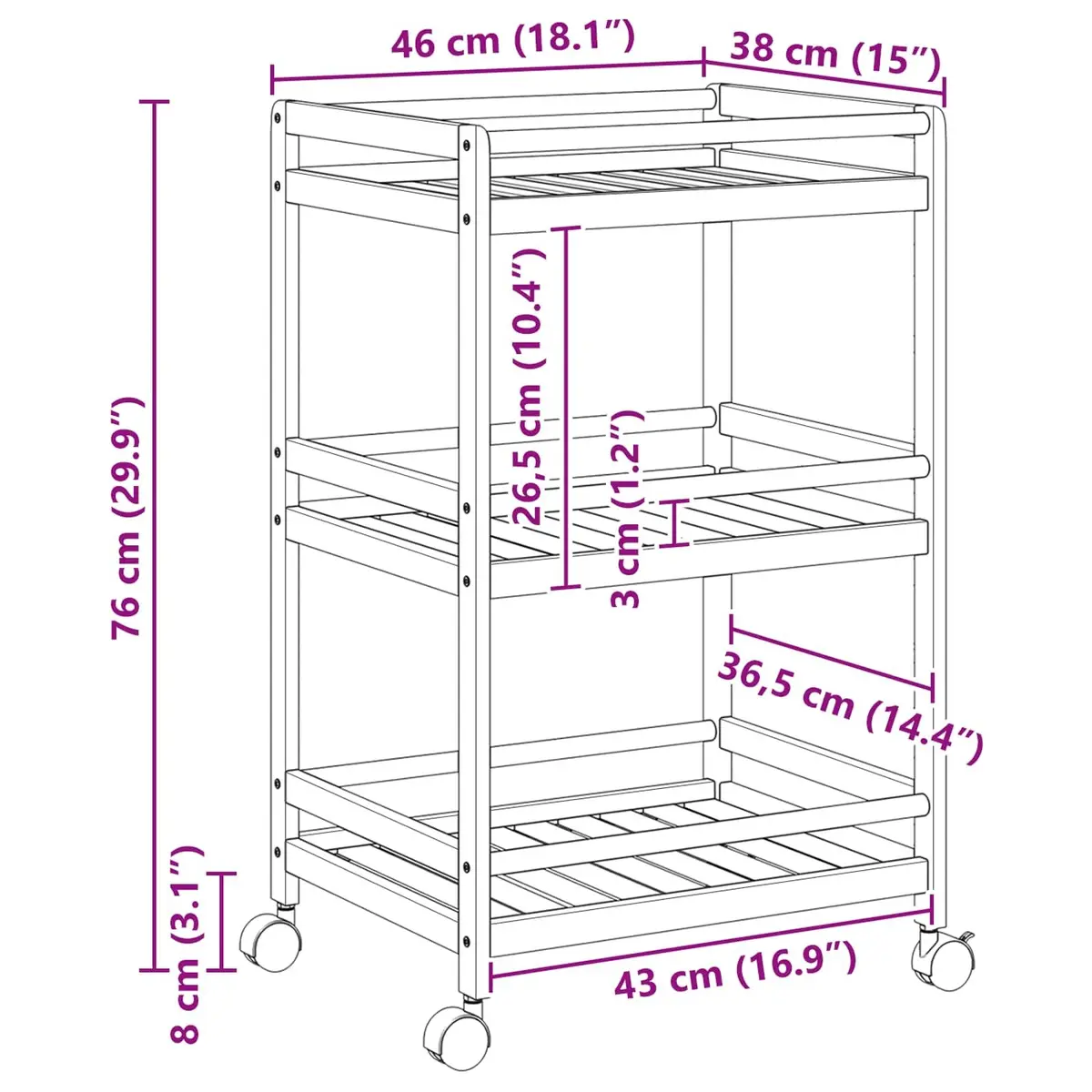 Bamboo Kitchen Trolley with Wheels 46x38x76cm