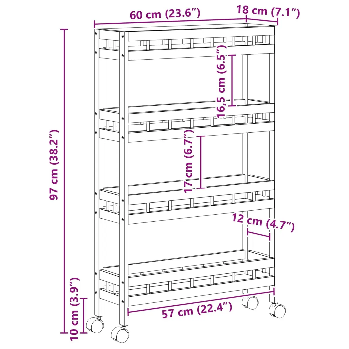 Kitchen Trolley with Wheels 60x18x97cm 4-Tier
