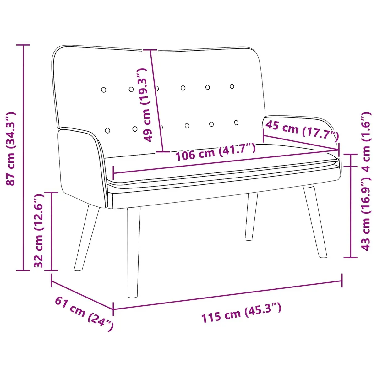 2-Seater Sofa Velvet Black 115x61x87cm