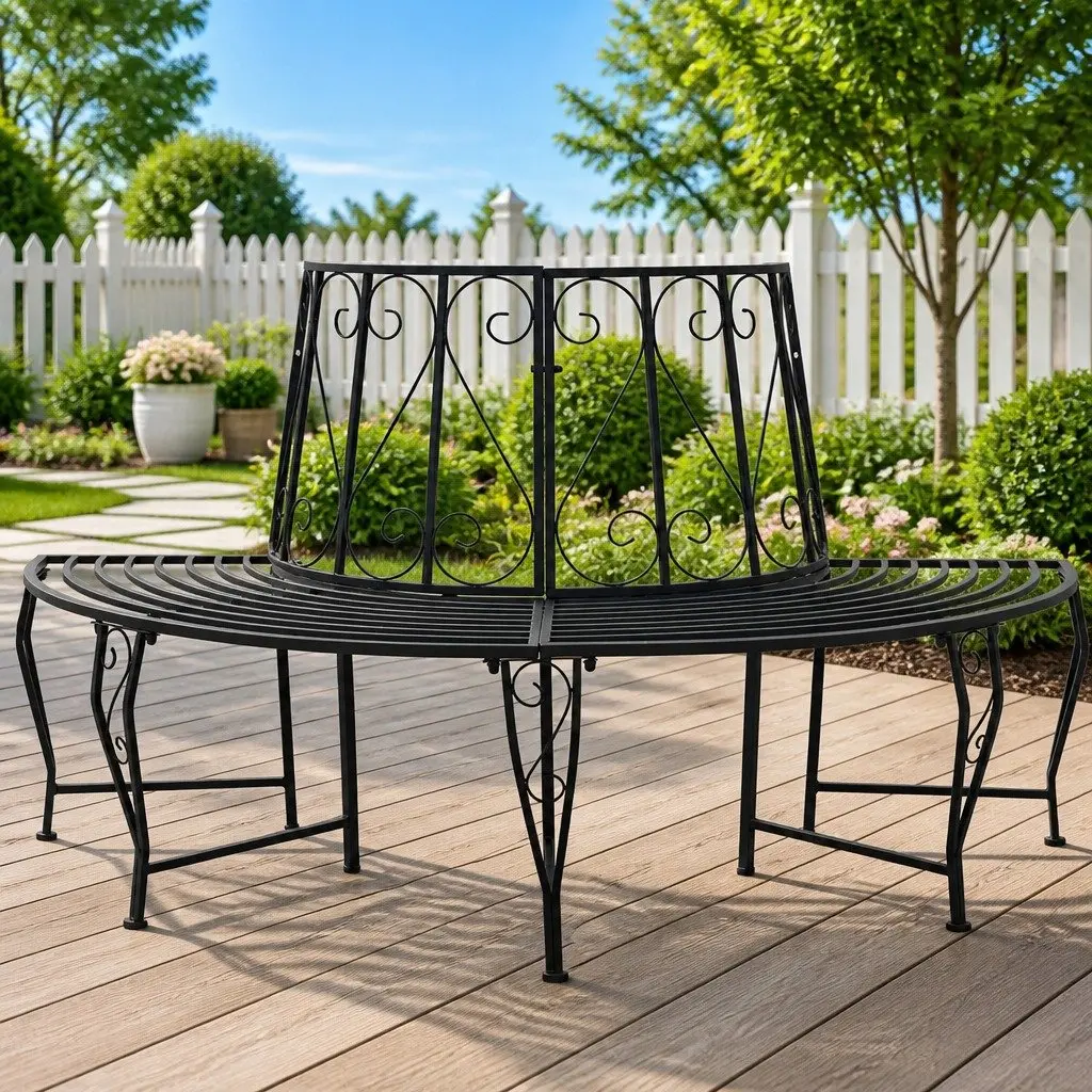 Outdoor Tree Bench 4-Seater Half-Round Garden Backyard Furniture Black Steel