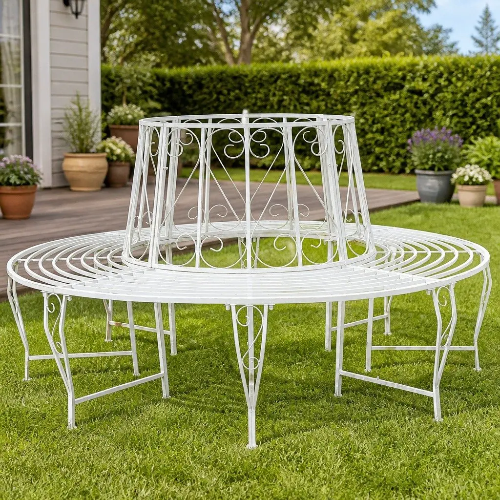 Round Tree Bench Steel Ø160cm Antique White 8-Seater