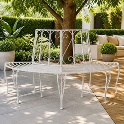 Durable Outdoor Tree Bench for 4, Antique White Finish