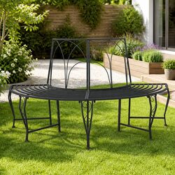 Stylish Grey 4-Seater Outdoor Tree Bench with Steel Frame