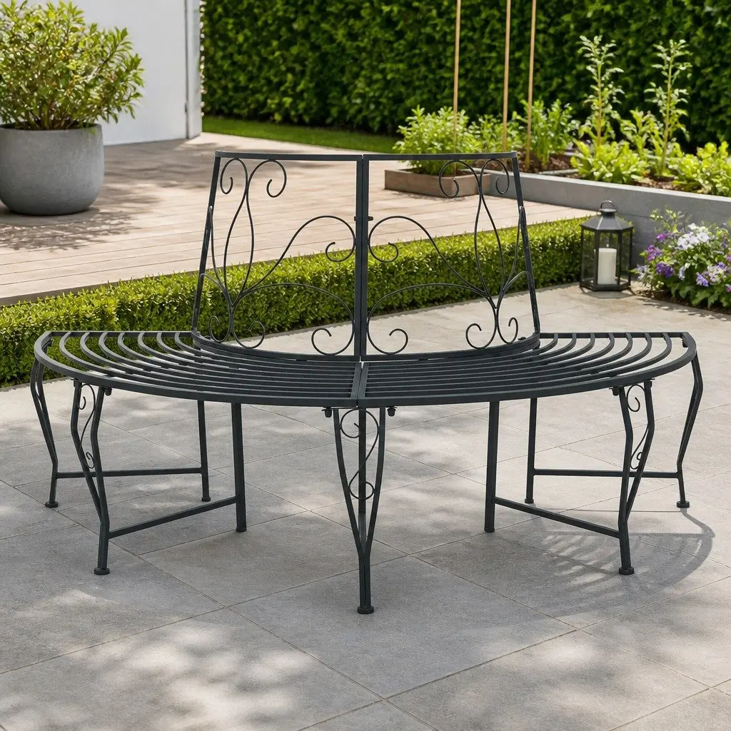 Tree Bench Steel 160x80x89cm Matte Grey 4-Seater Outdoor Garden Circular Wrap-Around Furniture