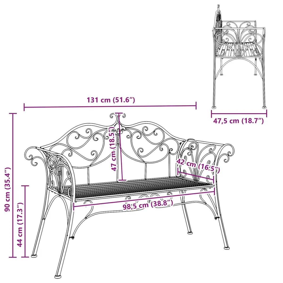 Garden Bench Steel 130cm Silver Grey 2-Seater Outdoor Seating