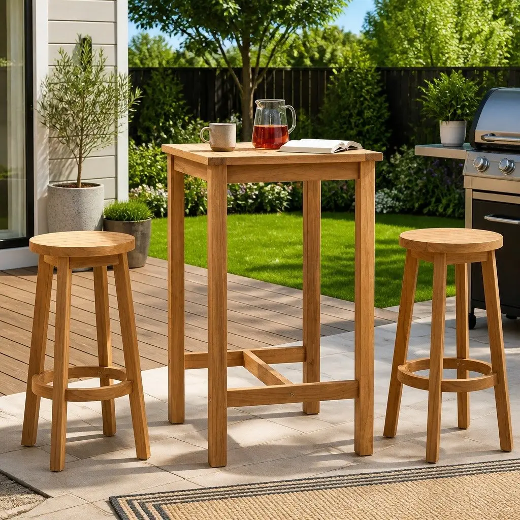 Outdoor Solid Teak Bar Table with Slatted Top and Footrest