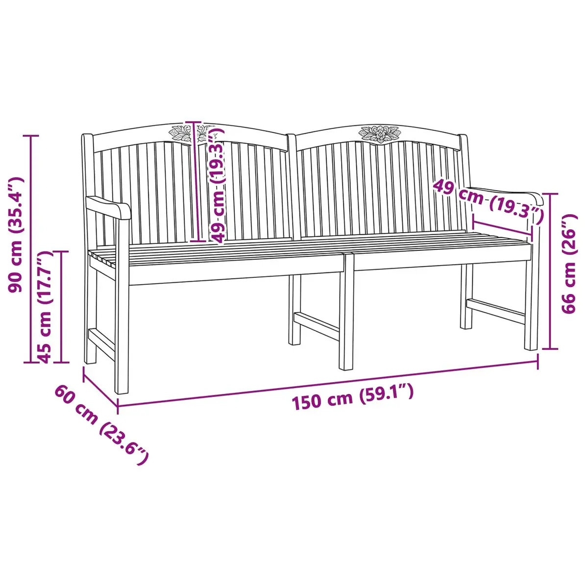 Outdoor Garden Bench in Solid Teak Wood, 150cm