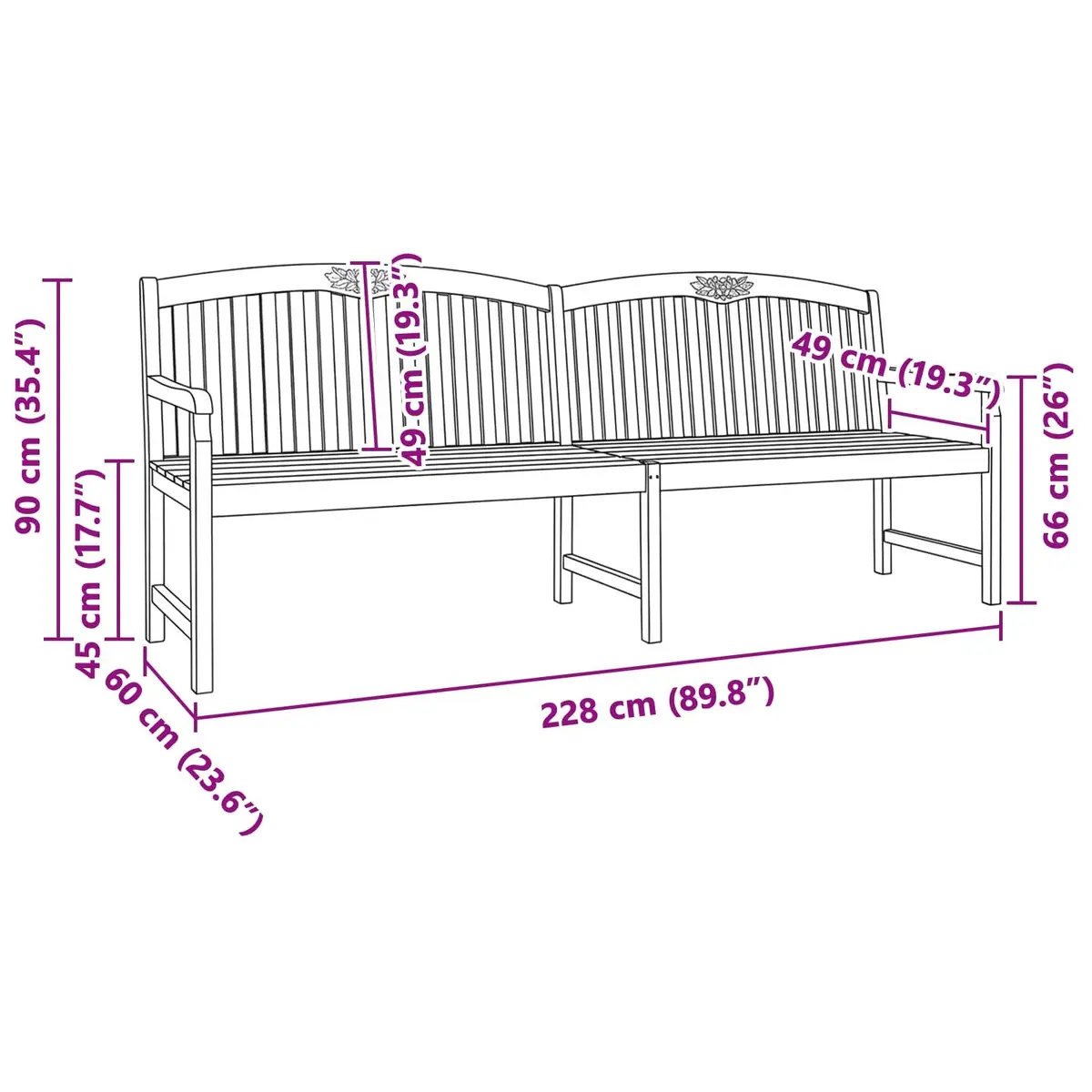 Outdoor Garden Bench Solid Teak Wood Slat Back Design Patio Seating Natural