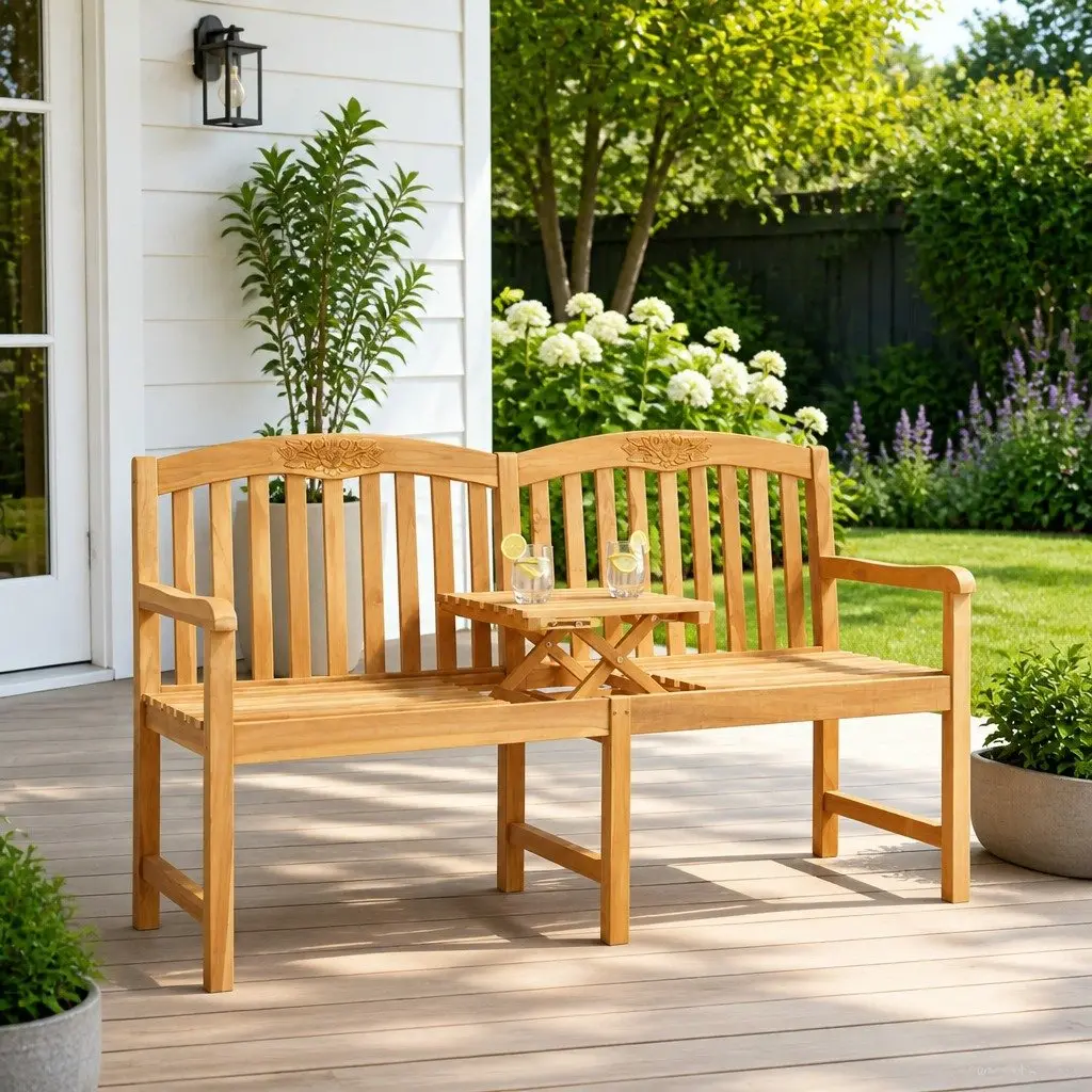 Solid Teak Wood Outdoor Garden Bench with Handcarved Rose