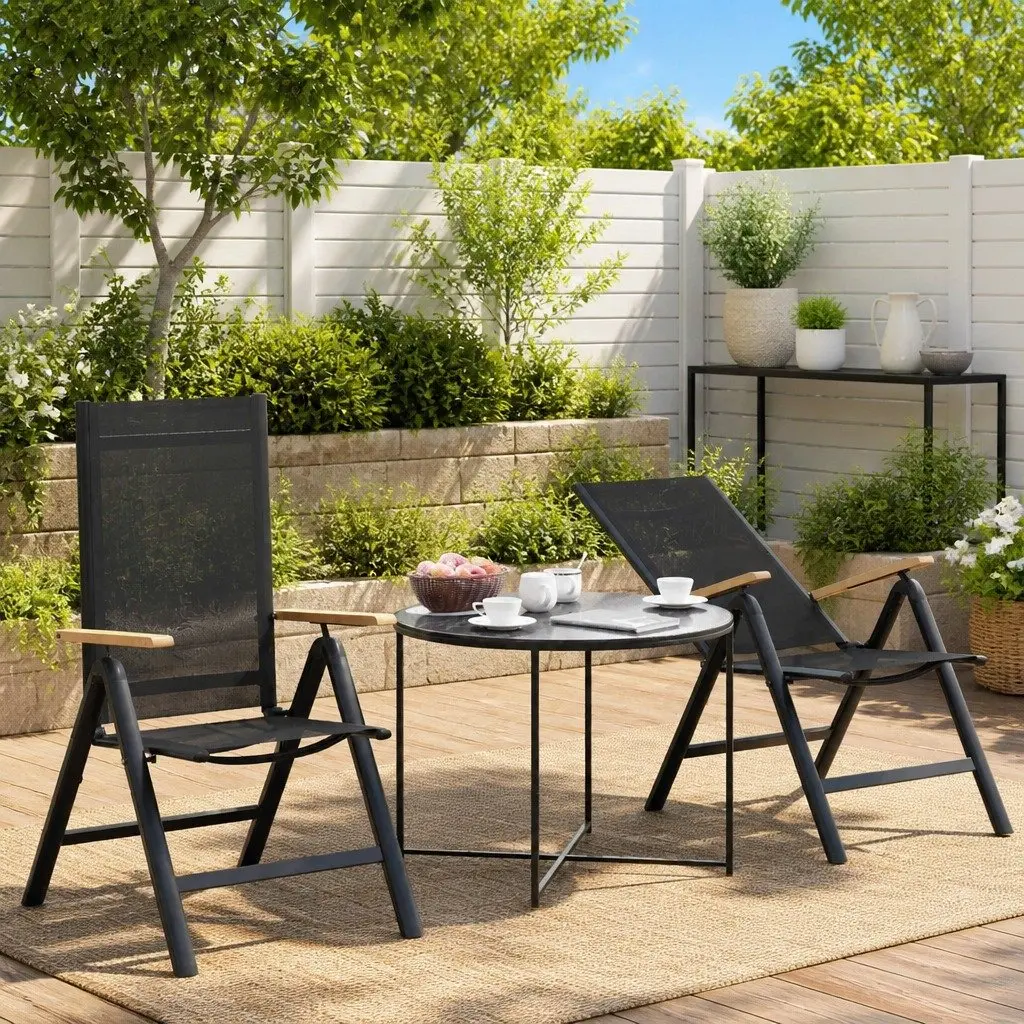 Reclining Outdoor Chair Aluminium Textilene 58x73x111.5cm Black 2 Piece