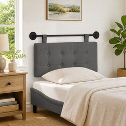 Dark Grey Hanging Headboard Fabric Upholstered Wall Mount Bedroom Decor