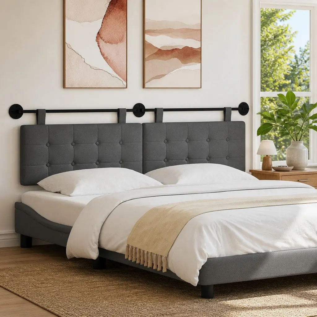 Grey Fabric Hanging Headboard for Modern Bedrooms