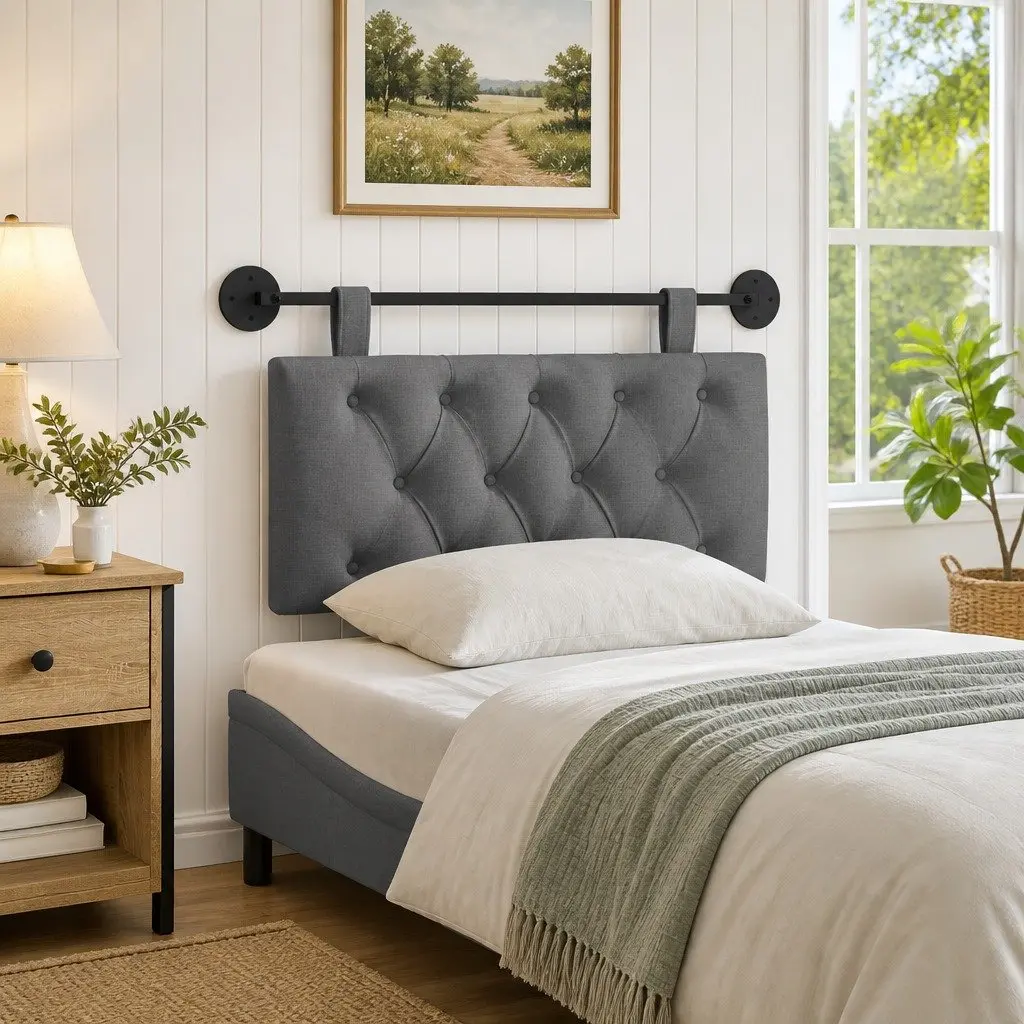 Grey Fabric Wall-Mounted Hanging Headboard