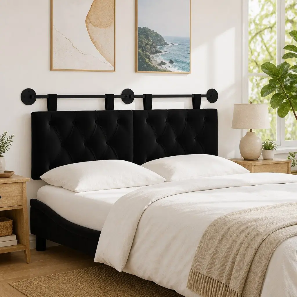 Black Velvet Hanging Headboard with LED Light