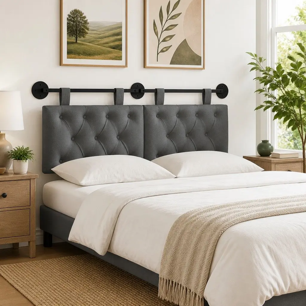 Hanging Headboard Fabric Dark Grey Wall-Mounted