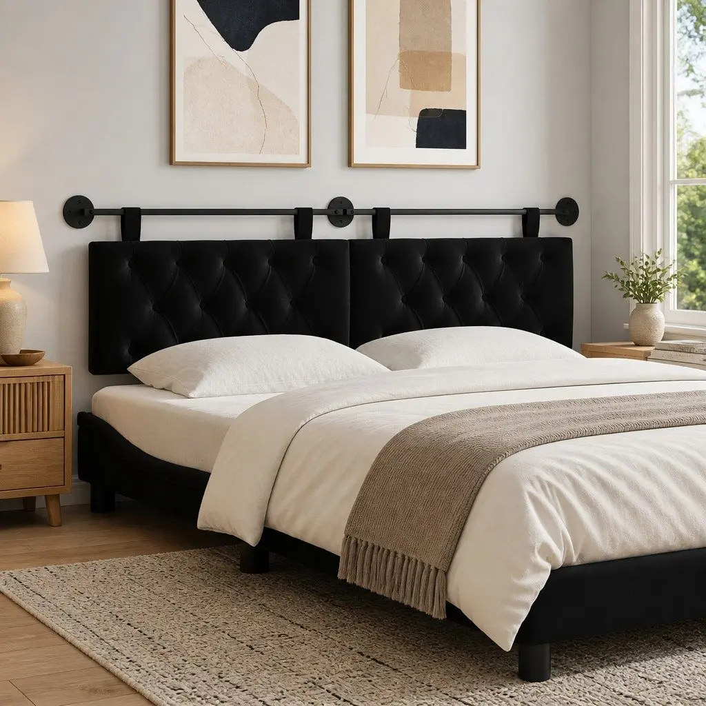 Black Velvet Wall-Mounted Headboard with LED Light