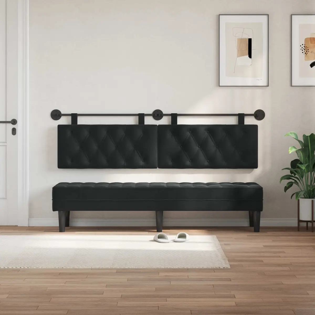 Black Velvet Wall-Mounted Headboard with LED Light