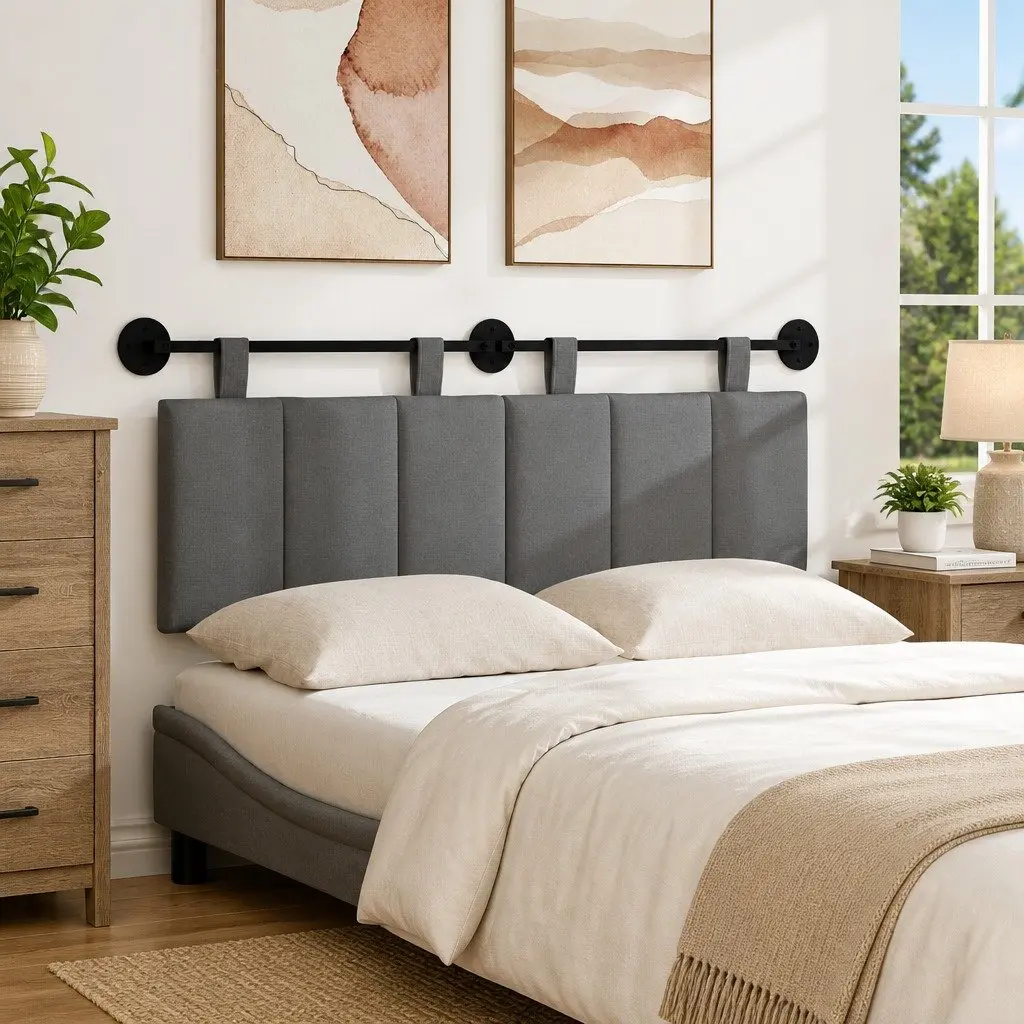 Hanging Headboard Polyester Fabric Dark Grey Wall-Mounted Bedroom Decor