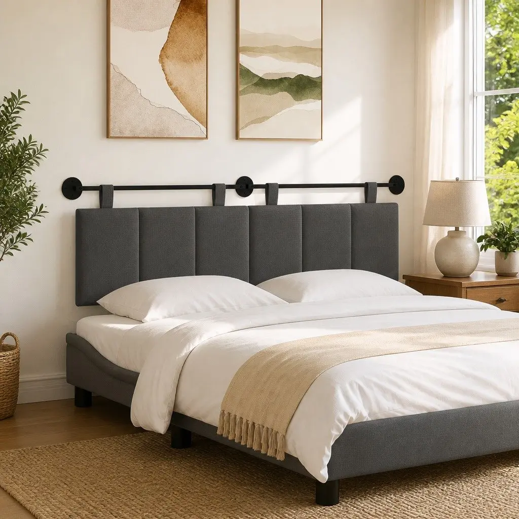 Grey Striped Upholstered Wall-Mounted Headboard