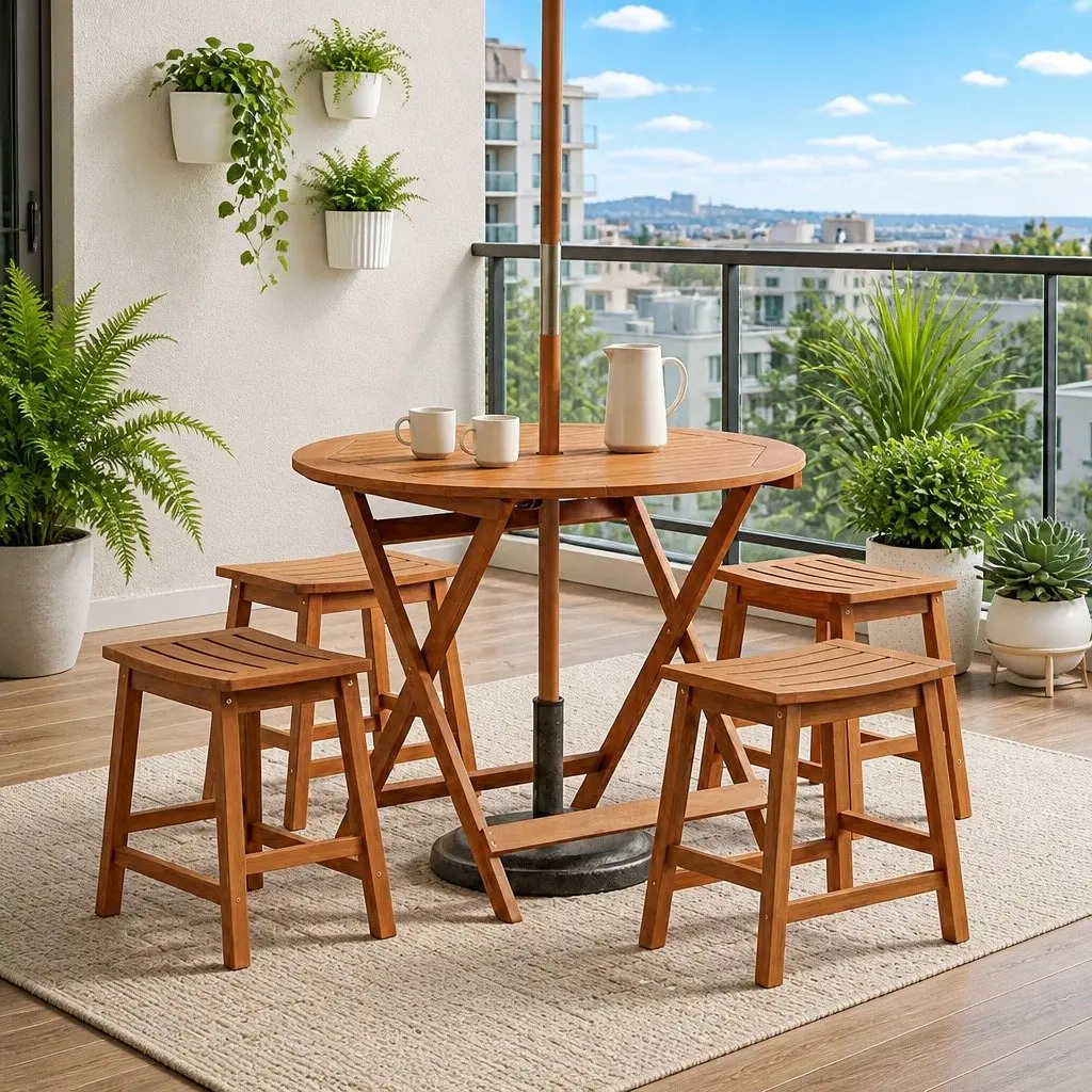 Round Brown Folding Garden Table in Solid Eucalyptus Wood