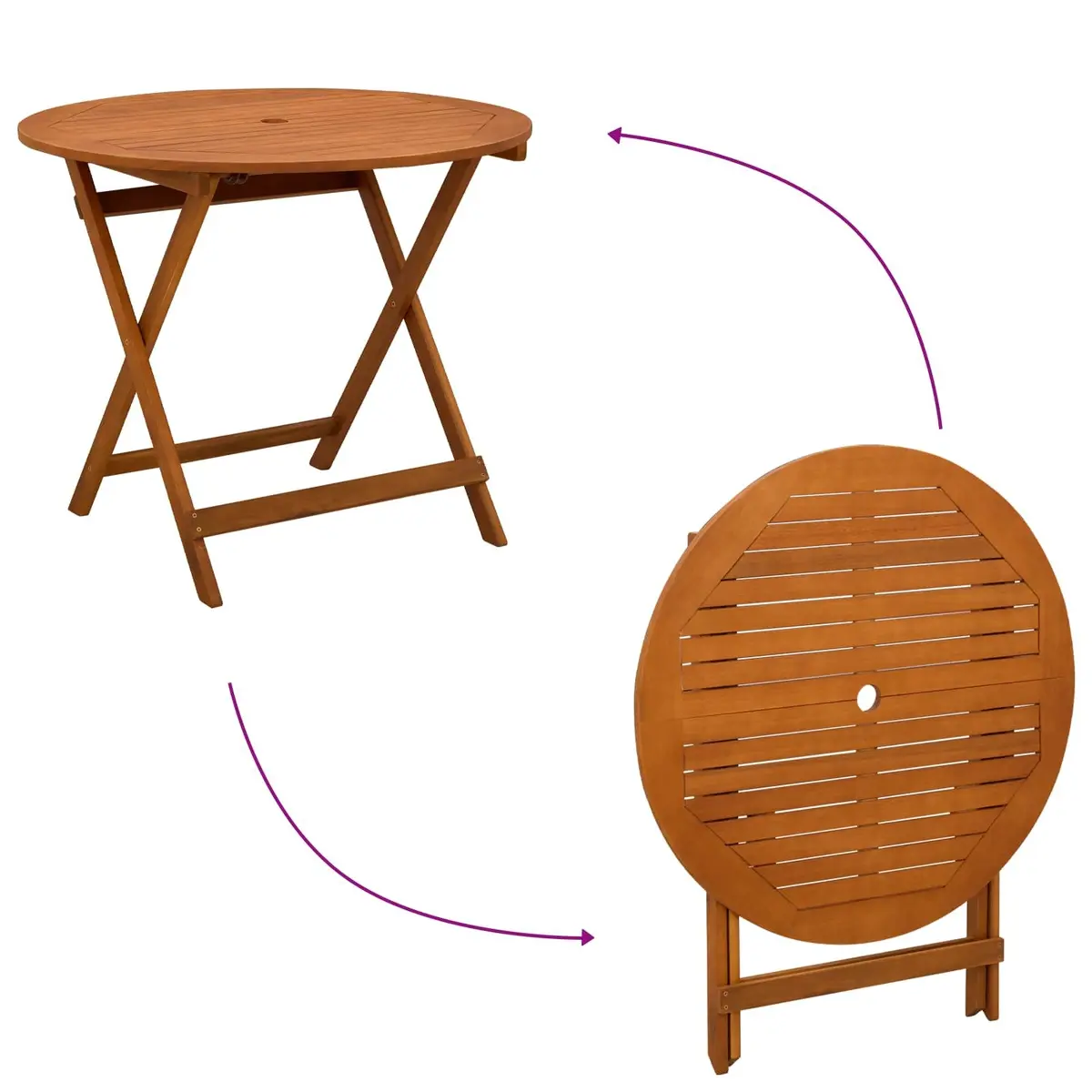 Round Brown Folding Garden Table in Solid Eucalyptus Wood