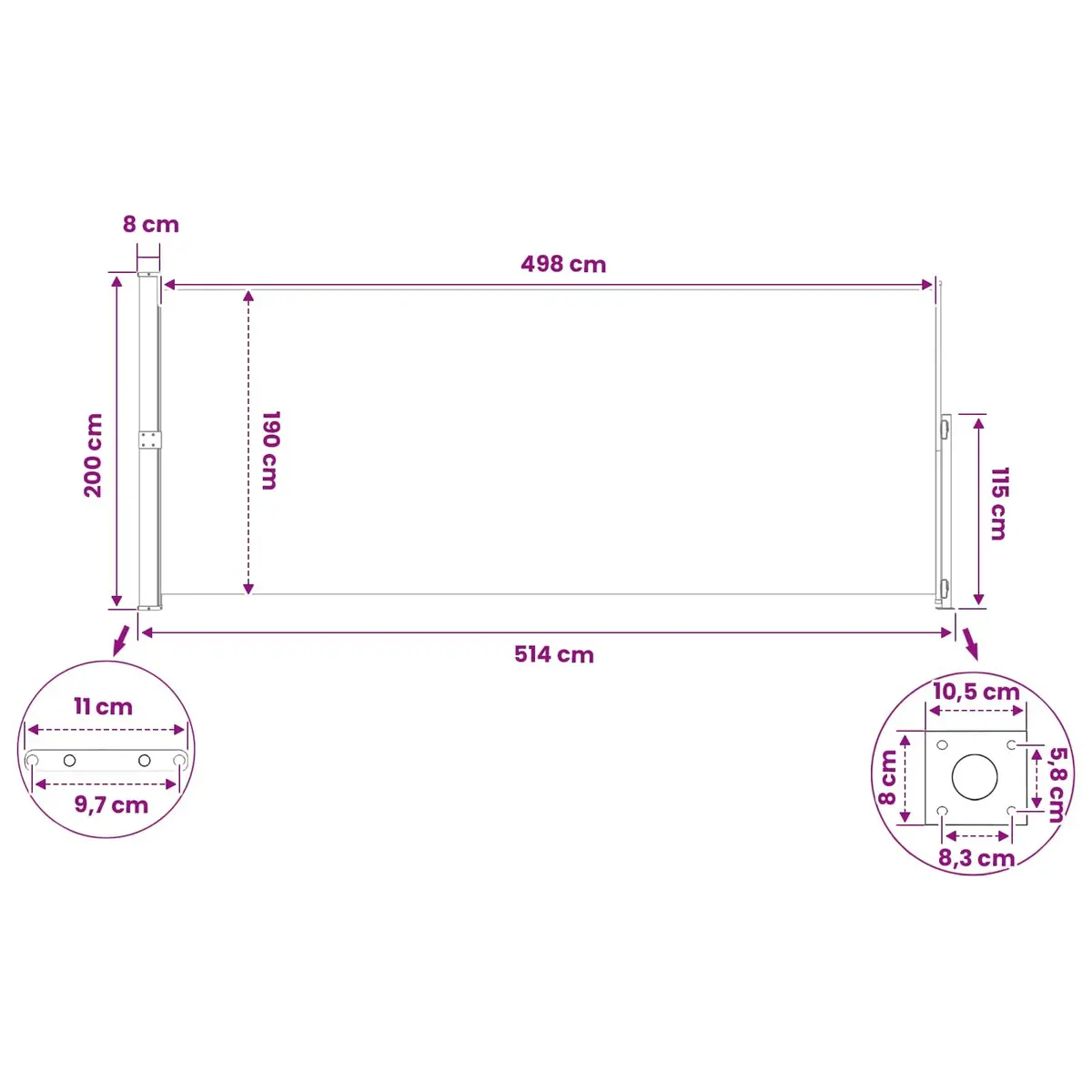 Retractable Side Awning 200 x 500 cm for Patios