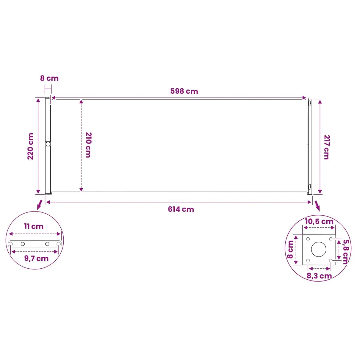 Retractable Side Awning 220 x 600 cm for Outdoor Spaces
