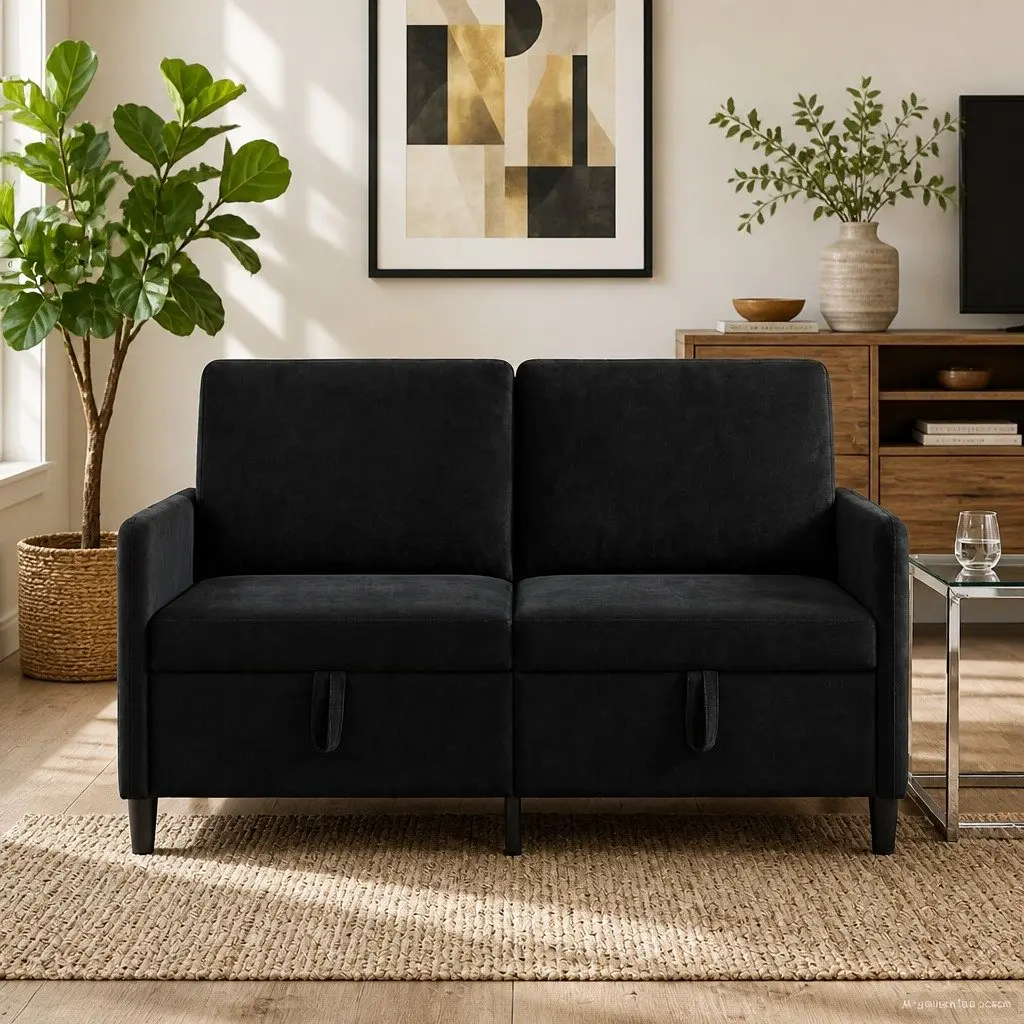Black Sofa with Lift-Up Storage for Living Room