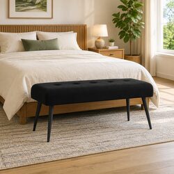 Button Tufted Velvet Bench Black Seating Upholstered Indoor Furniture Living