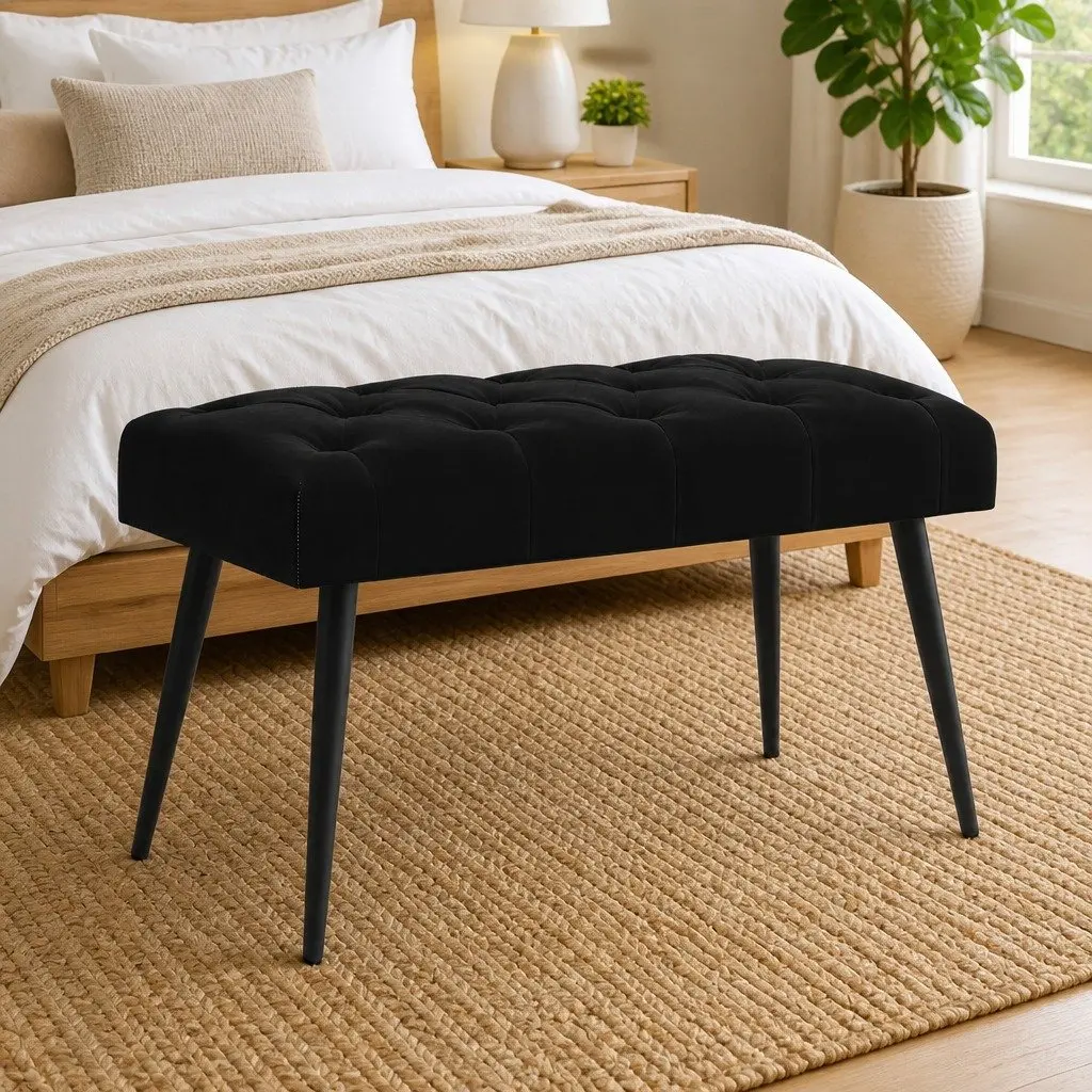Button Tufted Bench with Black Velvet Cushion