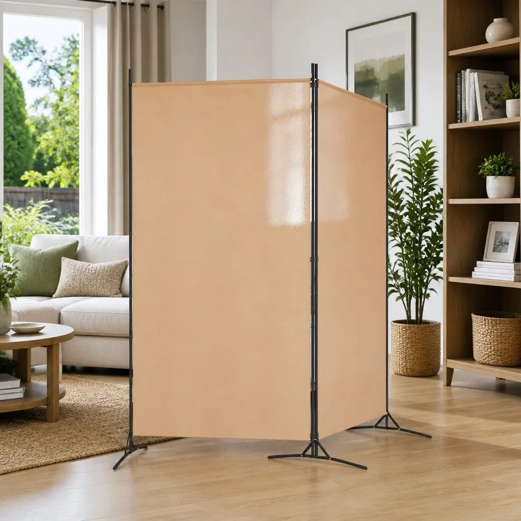 Beige 2-Panel Folding Privacy Screen for Indoor Spaces