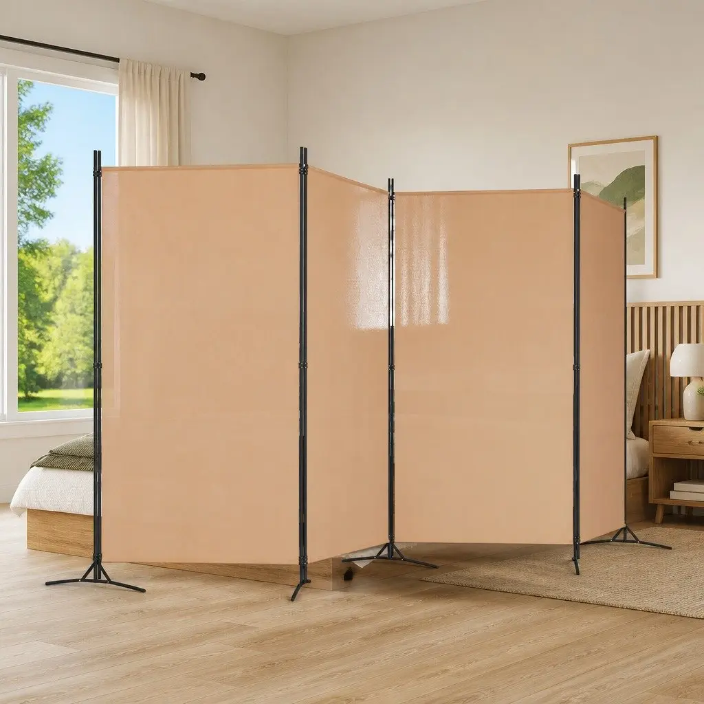 Beige Folding Privacy Screen with 4 Panels and Steel Frame