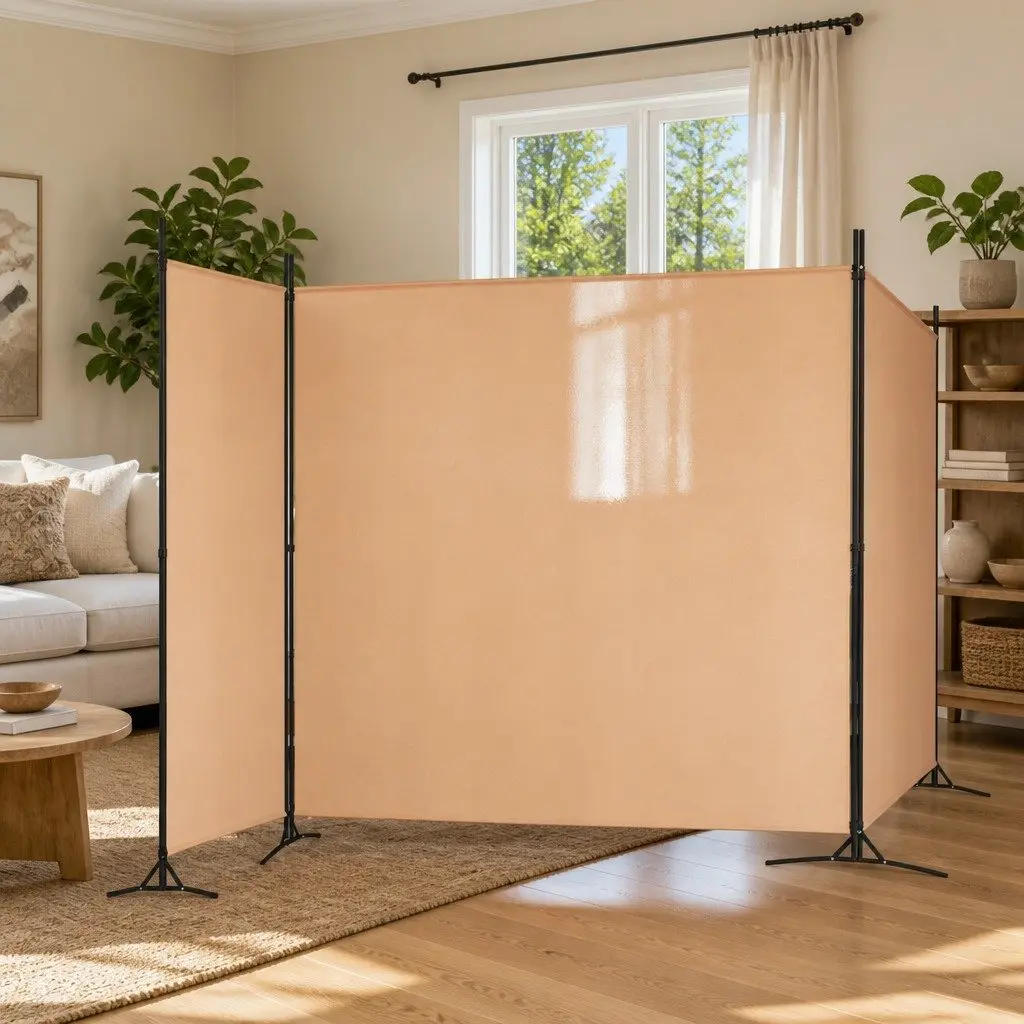 Room Divider 4-Panel Folding Screen Beige Fabric Partition 525 x 180 cm