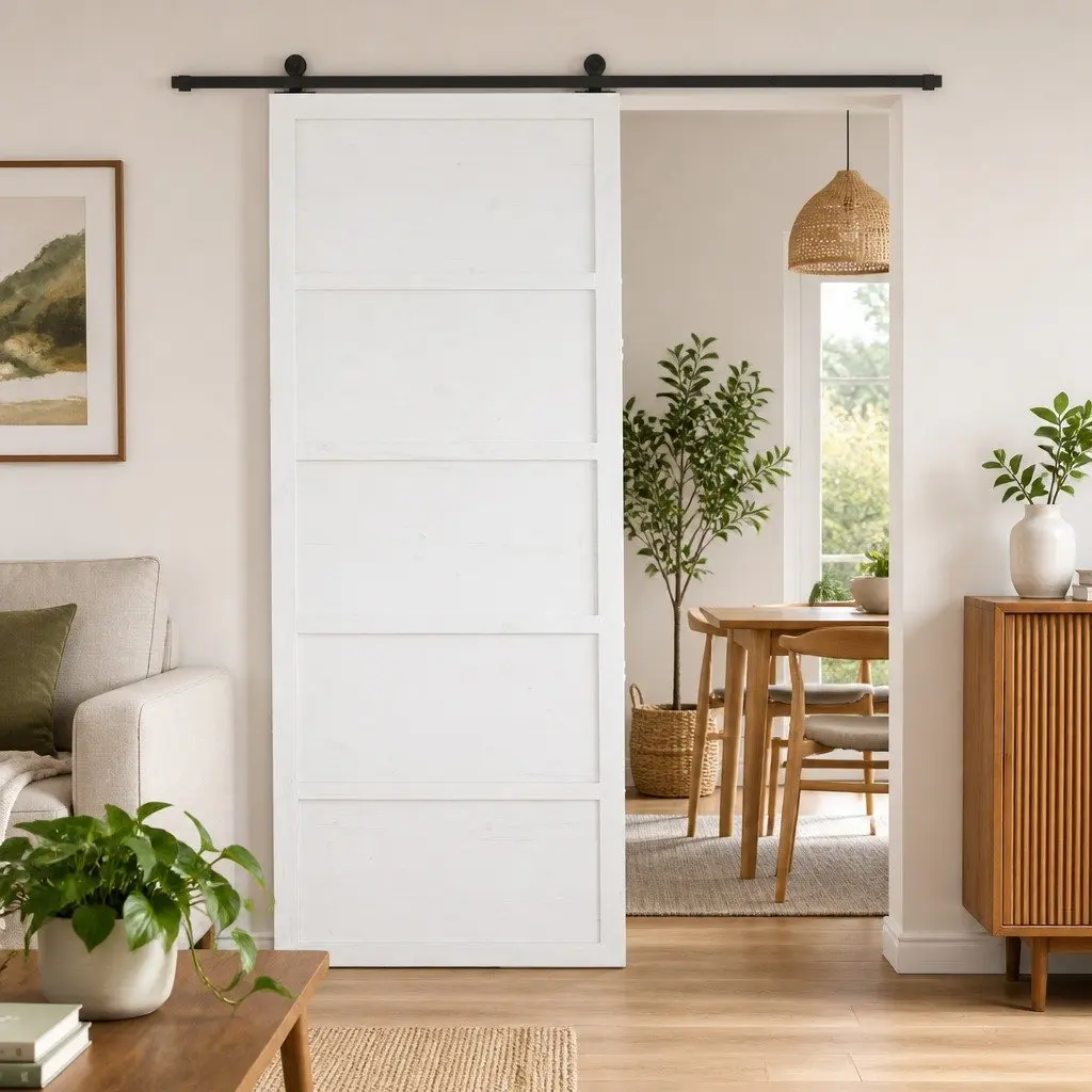 Rustic White Sliding Barn Door, Solid Pine Wood 100 x 208 cm