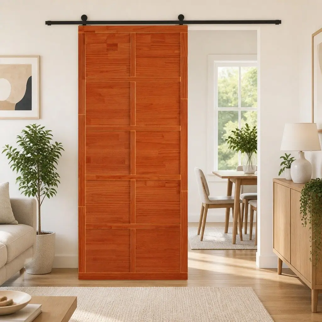 Brown Solid Pine Barn Door with Sliding Mechanism
