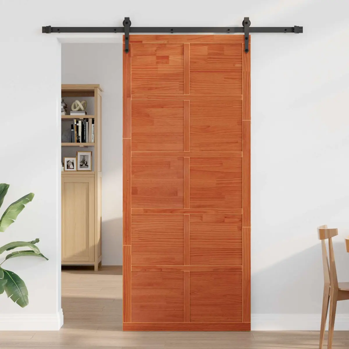 Brown Solid Pine Barn Door with Sliding Mechanism