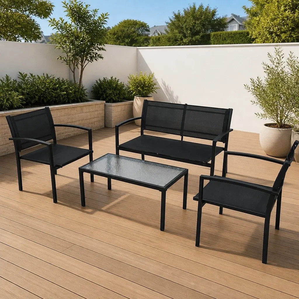 4 Piece Outdoor Lounge Set Powder-coated Steel Frame Textilene Black