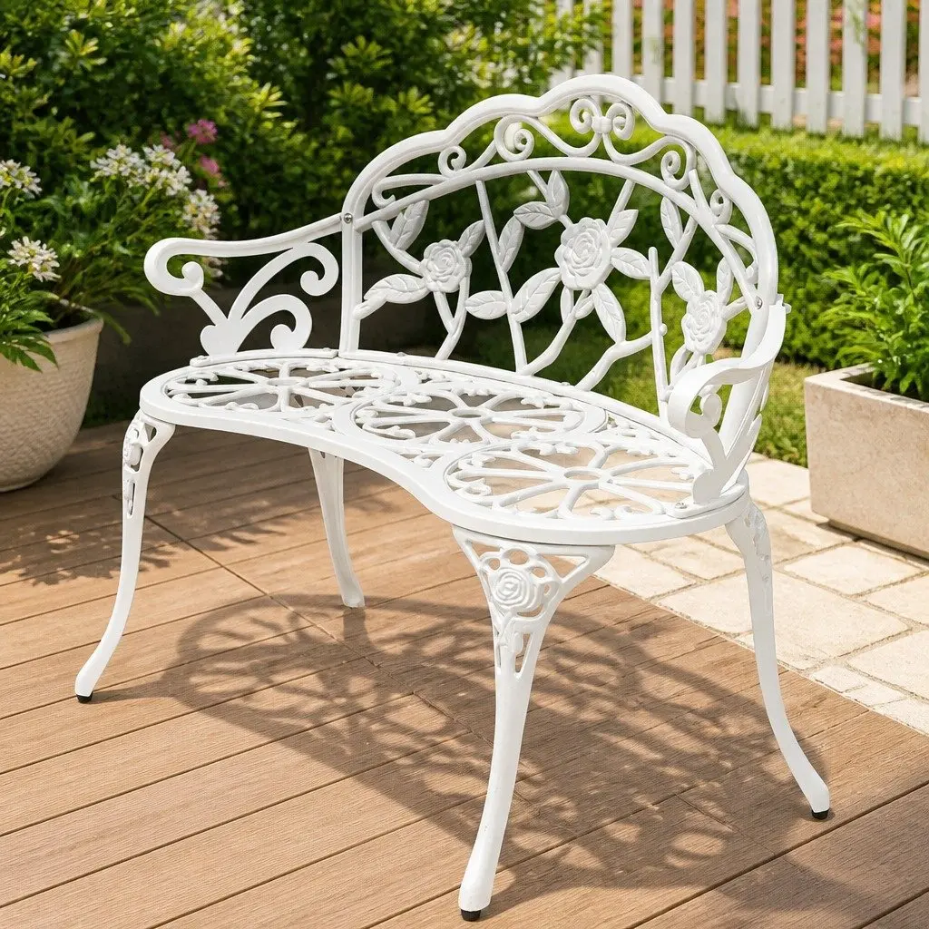 Outdoor Garden Bench 100cm White Aluminium Seating