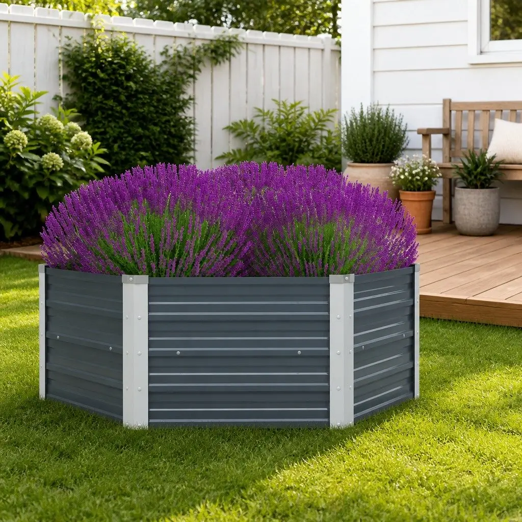 Raised Garden Bed Galvanised Steel 129x129x45cm Grey Hexagon Planter