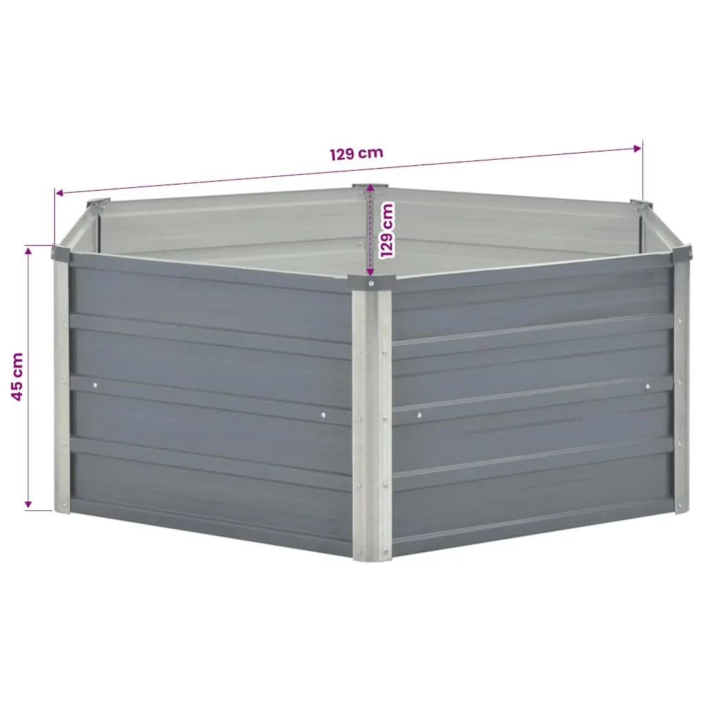Raised Garden Bed Galvanised Steel 129x129x45cm Grey Hexagon Planter