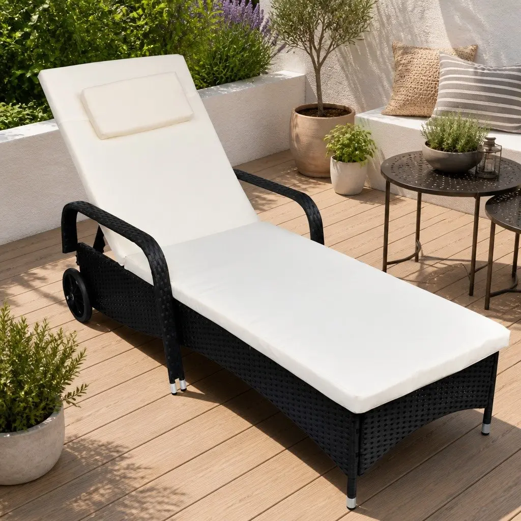 Sun Lounger Outdoor Garden Recliner with Cushion Wheels Adjustable Backrest